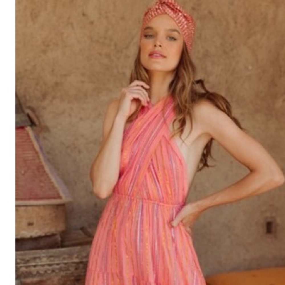 SUNDRESS Suzie Maxi Dress Sao Paolo Rainbow Metallic Stripe Bright Pink XL NWT - Picture 3 of 13